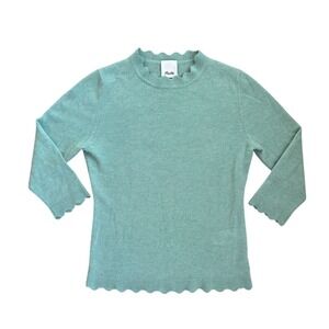Allude Virgin Wool Cashmere scalloped trim high neck sweater‎ blue teal S